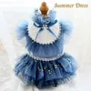 Handmade Dog Apparel pet Clothes Dress Blue Tulle Gold Dots Lace Sexy Skirt Tutu Cats Outfit Poodle Maltese Yorkie