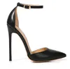 Designer-apontado toe sapatos de salto alto super tornozle cinta mulher bombas vestido de couro sapato preto ouro prata