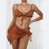 Feminino Swimwear 3pcs Biquíni Conjunto Sexy Ladies Split Sets Women Swimsuit Ruffles Lace-up calcinha de malha transparente de malha de malha Bikinis Summer