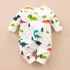 Zomer- en lente allover schattige dinosaurus patroon lange mouw snap-up jumpsuit in grijs voor baby geboren 210528