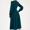 Casual jurken Fashion Christmas Green A-lijn feestjurk herfst elegante lange mouw geplooide midi vestido vrouwen