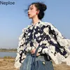 Neploe Lace Fungus Patchwork Mujer Camisas Flower Stand Collar Blusas de manga larga Moda Hollow Out Tops femeninos 210226