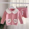 Outono inverno meninas camisola coreano coelho orelha knitwear bolso boneca colar top + saia 2pcs roupas de bebê conjunto 210611