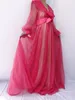 2021 Pink Illusion Ruffles Tulle Sleepwear Long Sleeve Sexy Kimono Pregnant Party Birdal Wraps Women Bathrobe Sheer Nightgown Robe Undergarments