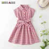 Meri Ammi Dzieci Dziewczyna Lato Nastolatek Student Dressing Plaid Bowknow Dress Size110-160 cm 4-12 rok q0716