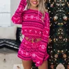 Pigiama natalizio da donna Set manica lunga Crop Top Pantaloncini 2 pezzi Xmas Snowflake Print Knit Fall Homewear 211215