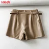 Tangada Frauen braun PU-Leder Rock Shorts mit Gürtel Reißverschluss weibliche hohe Taille Damen Casual Shorts 1Y07 210609