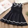 Summer Preppy Style 3 4 6 8 10 12 Years Children Sleeveless Bow Sailor Collar Navy Blue Kids Baby Girls Military Dress 210529