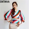 Opruiming Vrouwen Regenboog Gestreepte Blouse Shirts Peplum Tops V-hals Zomer Beachwear Bowties Taille Belt Blusa Purple 3XL 210527