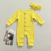 Baby Girls Rompers Sweet Style Solid Color Single-breasted Long Sleeve Round Collar Romper with Pocket + Headwear 2Pcs Set