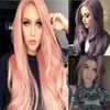 Pink Glueless alta temperatura fibra natural cabelo cabelo cabelo suíço suíço roxo longo ondulado rendas sintéticas peruca dianteira para as mulheres fzp143