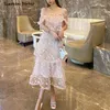 Pink Elegant Party Dresses for Woman Off The Shoulder High Waist Mesh Bodycon Dot Summer Runway Luxury 210603