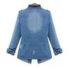 QNPQYX 새로운 봄 가을 새로운 고귀한 별 레이디 streetwear 데님 재킷 블루 패치 워크 포켓 버튼 고품질 코튼 터틀넥