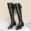 Bottes pointues Toe Toe Haut Haute Cuir Talon Cuir Femme Zip Bloc Longue Dentelle Femme Chaussures Noir 42