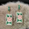 Dangle Chandelier Luxury Printing Blossom Rose Wedding Earrings Women Fashion Enamel Plant Green Leaves Red Flower Earring Jewel8810219