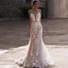 Abiti da sposa a sirena champagne Abiti da sposa in pizzo floreale 3D Appliques Scollo a V Cinghie senza spalline Boho Beach Abito da sposa Sexy senza schienale Vestido De Noiva