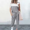 Summer Stripe Casual Suits Dames Sports Twee Stukken Set Pullover O Hals Top en Trekkoord Jogging Joggingbroek Homewar Trainingspakken 210709