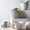 Creative Geometric Ceramic Mugs With Gold Handle Handmade Coffee Cups Irregular Shaped Milk Mug Cup Unique Gifts Home Decor