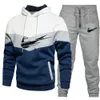 Men Tracksuit Casual 2 Pieces Sets Sweatshirt Hooded Sweatpants Print Sportswear Mens Clothes Solid Jogger Sport Suit