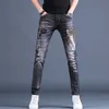 Stylish High Quality Mens Elastic Washed Denim Printed Jeans, Light Luxury Slim-fit Casual Jeans,Young Boys Must; 211108