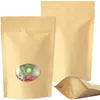 100pcs/lot Kraft Paper Bags Stand Up Reusable Seal Food Pouches with Transparent Window for Storing Cookie Dried Food Snack Packing Bag