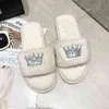 2022 Korean crown Sequin single line Plush warm Plush sweet wind slippers women's flat cotton slippers