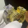 Única jóias de luxo 925 Sterling Silvergold Preencher Princesa Corte Grande 5A CZ Festa Prometo Mulheres Casamento Banda Anel Presente