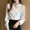Korean Women Silk Blouses Satin Shirts Elegant Woman Long Sleeve OL Shirt Plus Size V Neck Blusas Femininas Elegante 210531