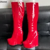 Rontic – bottes d'hiver en cuir verni faites à la main pour femme, chaussures à talons compensés avec fermeture éclair latérale, bout rond, rouge et noir, chaussures de soirée, grande taille américaine 5-20
