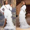 White Mermaid Evening Dresses Plus Size Long Sleeves Side Slit Ruffles Organza Formal Marriage Prom Bridal Gowns Robe de mariee306h