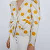 Nieuwe vrouwen retro polka dot print shirt Franse diepe nhals stropdas boog voor front lang mouw blouse rug elastische taille blusas tops t200608