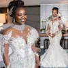 2021 Nieuwe Sexy Crystal Mermaid Trouwjurken Hoge Hals Sheer Lange Mouwen Kant Crystal Beaded Bridal Bruidsjurken Elegante Robe de Mariee