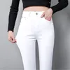 Beyaz Yüksek Bel Kot Kadın Bahar Kot Kadın Skinny Ince OL Ofis Bayan Denim Kalem Pantolon Kadın Kot Femme Pantolon 210222