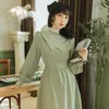 YOSIMI Green Long Women Dress Autumn Sweet Girl Maxi Lace Stand-neck Floral Embroidery Full Sleeve Ankle-length 210604