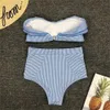 Sexig retro blå vit randig bandeau hög midja bikini lady baddräkt kvinnor baddräkt kvinnlig ruffle ruched simma baddräkt 210702