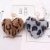 Luxury Heart Ball Pendant Leopard Plush Keychain Rings Kanin Fur Women's Bag Car Pendant