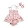 Dzieci Pajacyki Dziewczyny Kwiat Floral Print Romper Infant Toddler Sling Jumpsuits + Bow Pałąk Lato Moda Odzież dziecięca 1596 B3