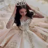 2021 Sexy Luxury Champagne Quinceanera Ball Gown Dresses Long Sleeves Jewel Neck Lace Appliques Crystal Beads Sweep Train Tiered Plus Size Party Prom Evening Gowns