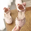 Nya Barn Läder Skor Flickor Bröllop Skor Barn Prinsessan Sandaler Sequins Bow Girls Casual Dance Shoes Flat Sandals E462 AA220311