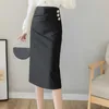 AELEGANTMIS Koreański Office Lady Bodycon Spódnica Kobiety Dorywczo Wysokiej Talii Kobiet Vintage Solid Black Midd Calf CHIC OL 210607