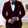 Dubbelbröst Burgundy Velvet Män Passar för Prom Steg 2 Piece Bröllop Tuxedo För Groomsmen Slim Fit Afrikansk Man Fashion Coat X0909