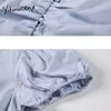 Yitimuceng Ruched بلوزة النساء قمصان نفخة كم مربع طوق يونيولور الأبيض الضوء الأزرق الصيف الكورية أزياء قمم 210601