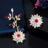 Asymmetri unik design silver söt löv gren blomma rubin röd kubik zirconia sten droppe örhängen för kvinnor cz691 210714
