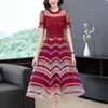 Real S Pleated French Dress High Waist Short Sleeve Stripes Slim Temperament Women Dresses Burgundy Lavender