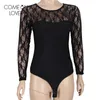 Comeonlover lace up bodysuit floral see through sexy women rompers plus size body top long sleeves slim mesh bodysuit ER80372 210715