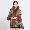 Mode Imitatie Konijnenbont Kraag Hooded Gebreide Kaap Femme Herfst Winter Grijze Grote Mantel Luxe Merk Sjaal Poncho Uitloper H0923