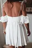 Robes décontractées Femmes Petite Robe Blanche Robe d'été à la Mode, Couleur Unie Blanche Col Bateau Hors de l'épaule, S/M/L/XL