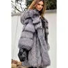 Cappotto lungo da donna in pelliccia color argento con cappuccio in visone per taglie forti finto 211207