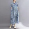 Ethnische Kleidung, verbessertes bedrucktes Cheongsam-Kleid, Retro-Tee, weiblich, chinesischer Stehkragen, kurzärmeliges Qipao aus Baumwolle und Leinen