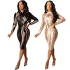 Zwart en Gouden Sequin Jurk Mesh Bodycon Midi Sexy Club Outfits 2021 Lange mouw Zie door strakke jurken Vrouw Party Night Casual